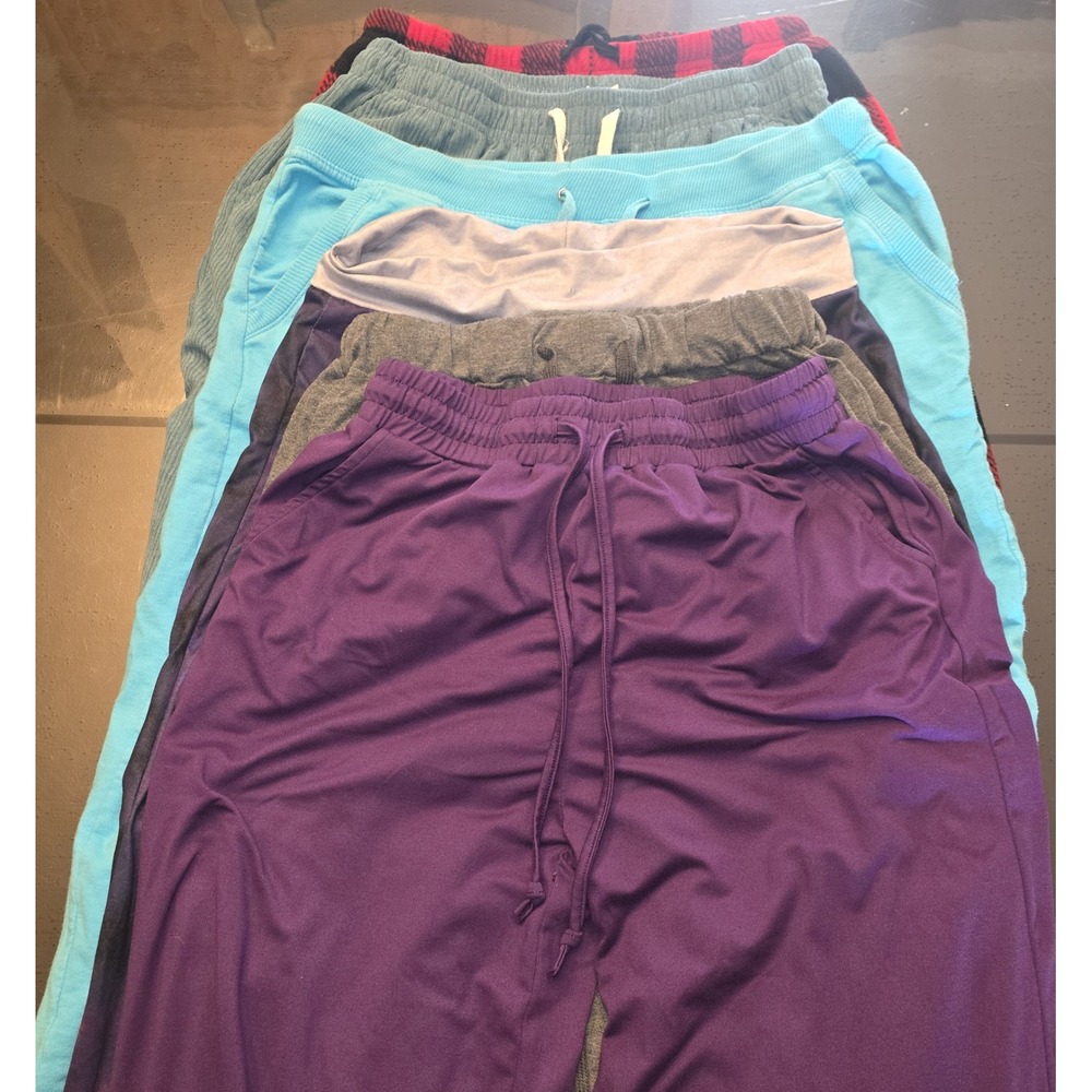Lot of 6 Womens Lounge Pants Joggers Pajamas Plaid Ribbed Knit Purple Blue L